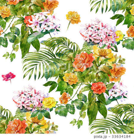 Watercolor painting of leaf and flowers, pattern Watercolor painting of leaf and flowers, pattern 33634184
