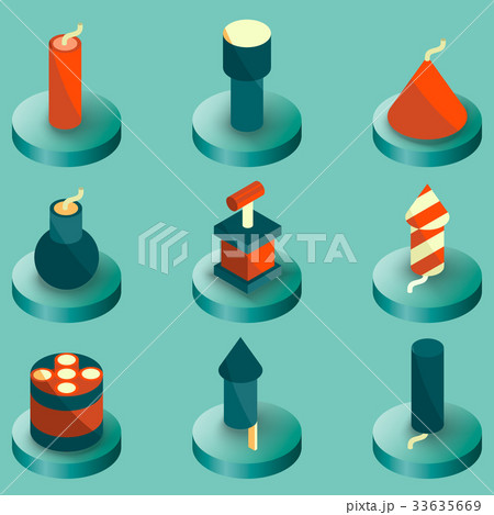 Pyrotechnics color isometric icons Pyrotechnics color isometric icons 33635669