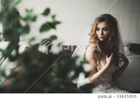 Luxury bride in white dress posing while preparing Luxury bride in white dress posing while preparing 33635950