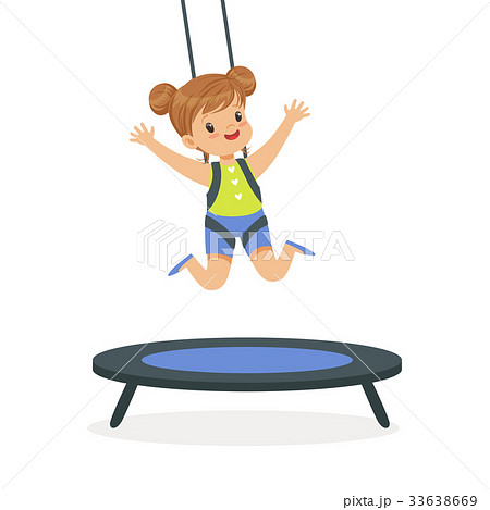 Cute little girl jumping on trampoline, kid have a 33638669