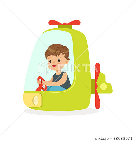 Cute little boy riding on a helicopter, kid have a 33638671