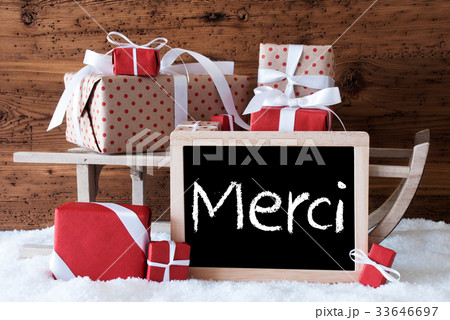 Sleigh With Gifts On Snow, Merci Means Thank You 33646697