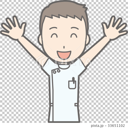 Illustration where a male nurse in a white coat is laughing with her hands raised Illustration where a male nurse in a white coat is laughing with her hands raised 33651102