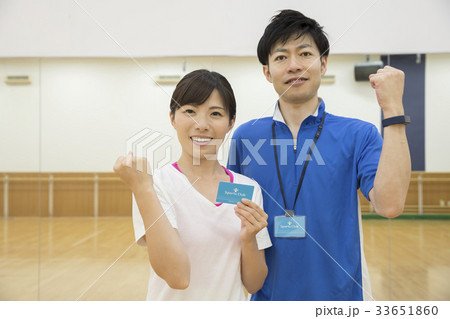 ガッツポーズする女性会員と男性インストラクター ガッツポーズする女性会員と男性インストラクター 33651860