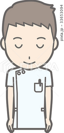白衣を着た男性看護師が笑顔でお辞儀をしているイラストのイラスト素材