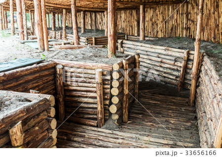 large dugout and the trenches from a tree at a large dugout and the trenches from a tree at a 33656166