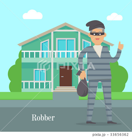 Robber Near Cottage House. Thief with Bag of Money Robber Near Cottage House. Thief with Bag of Money 33656362