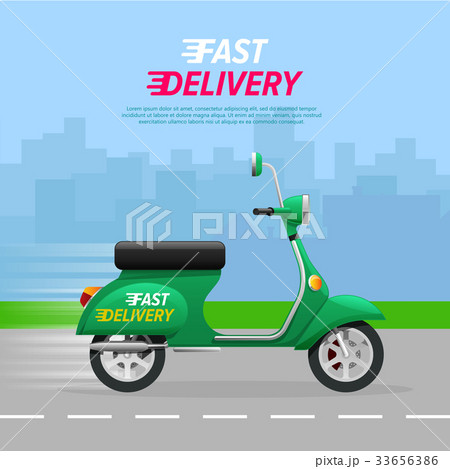 Delivery Motorcycle on City Road. Green Vehicle. Delivery Motorcycle on City Road. Green Vehicle. 33656386