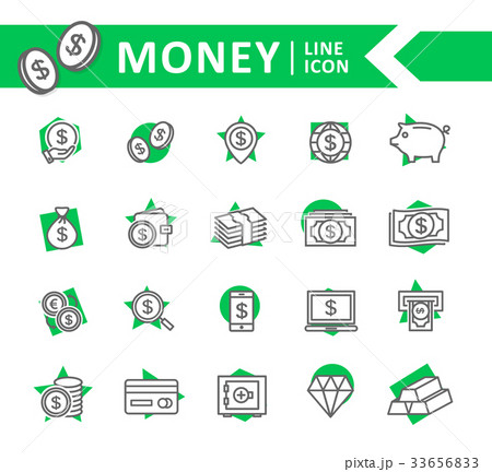 Set of vector bank and money line icons. Coin 33656833