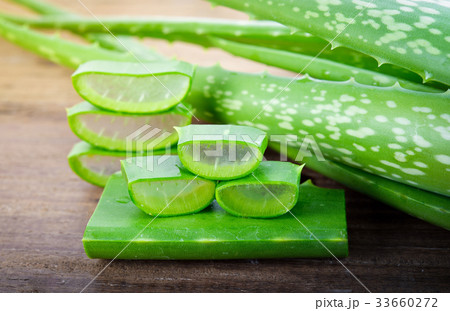Aloe vera fresh leaf on the wooden table. Aloe vera fresh leaf on the wooden table. 33660272