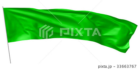 Long green flag with flagpole waving in wind 33663767