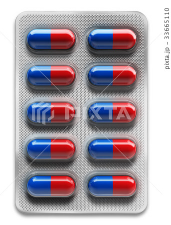 Red and blue pills in blister packaging isolated 33665110