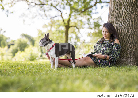 woman with terrier dog outside at the park 33670472
