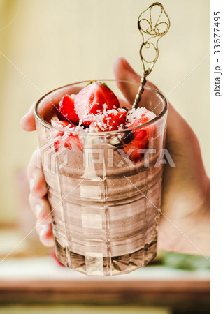 Chocolate pudding with strawberry. Valentine's Day Chocolate pudding with strawberry. Valentine's Day 33677495