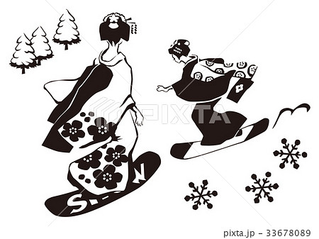 スノーボードする舞妓さんのイラスト素材