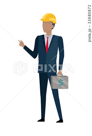 Man in Black Suit and Yellow Helmet. Bag of Money 33680872