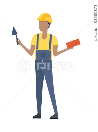 Builder in Helmet and Blue Uniform. Brick. Trowel 33680873