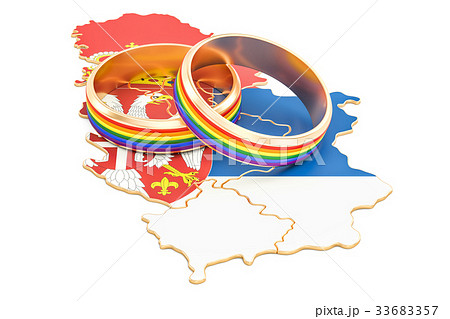 Serbian map with LGBT rainbow rings, 3D rendering 33683357