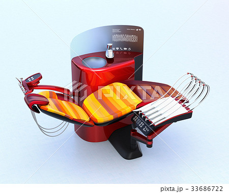 メタリックレッドデンタルユニット。フロスト調パーティションに患者歯列情報が表示されている 33686722