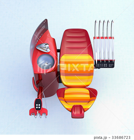 メタリックレッドデンタルユニット。フロスト調パーティションに患者歯列情報が表示されている 33686723