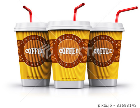 Row of plastic or paper coffee cups with straws Row of plastic or paper coffee cups with straws 33693145