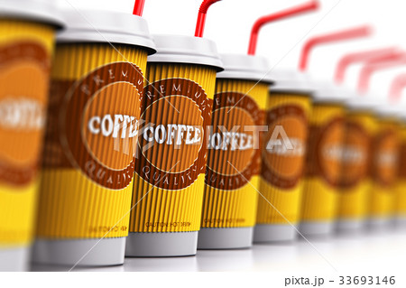 Row of plastic or paper coffee cups with straws 33693146