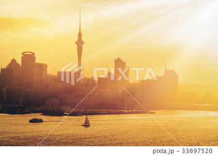 Golden sunset at Auckland city, New Zealand. 33697520
