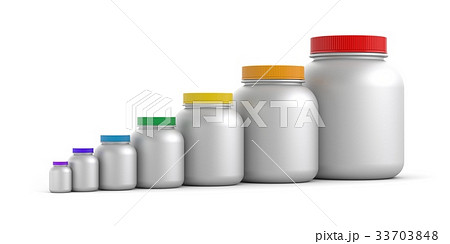 Jars with colored lids - rainbow. 3d illustration Jars with colored lids - rainbow. 3d illustration 33703848