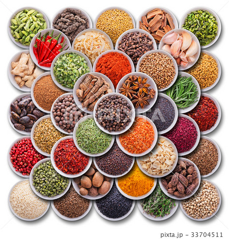 Bright colorful composition with spices and herbs Bright colorful composition with spices and herbs 33704511