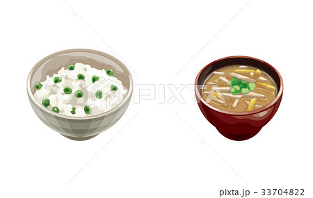 豆ご飯とダイコン味噌汁のイラスト素材