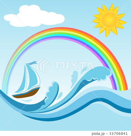 Sailboat on sea waves with rainbow 33706841