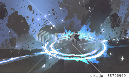 magician warrior casting a spell with blue light 33706949