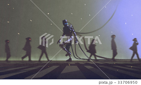 robot walking to different way among the people 33706950