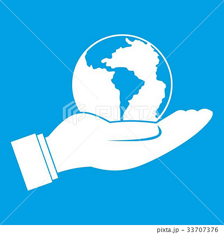 World planet in man hand icon white 33707376