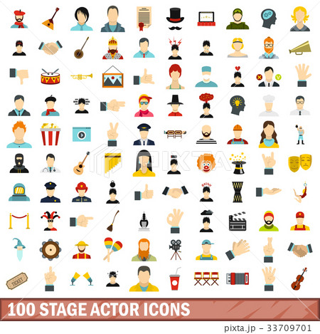 100 stage actor icons set, flat style 33709701