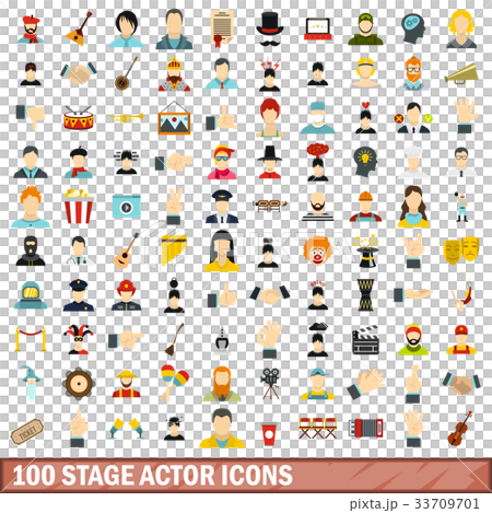 100 stage actor icons set, flat style 33709701