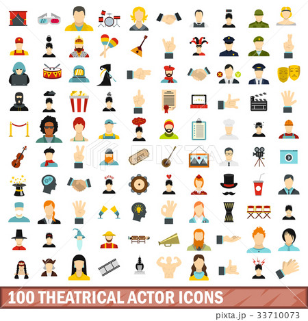 100 theatrical actor icons set, flat style 100 theatrical actor icons set, flat style 33710073