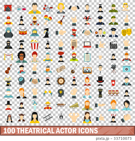100 theatrical actor icons set, flat style 100 theatrical actor icons set, flat style 33710073