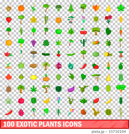 100 exotic plants icons set, cartoon style 33710104