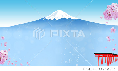 日本のシンボル富士山の見える景色、桜と鳥居 (16:9) 33730317