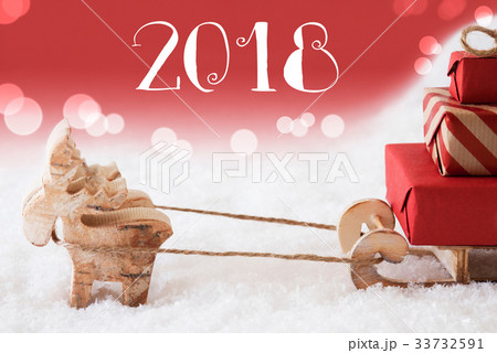 Reindeer With Sled, Red Background, Text 2018 33732591