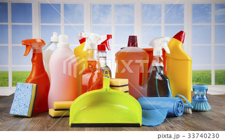 House cleaning product on wood table and window  33740230
