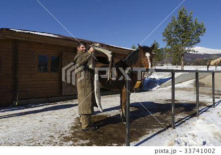 Young man taking off horse saddle 33741002