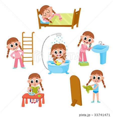 Daily morning routine set, cartoon little girl - Stock Illustration  [33741471] - PIXTA