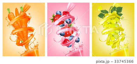 Set of labels of of fruit in juice splashes. Set of labels of of fruit in juice splashes. 33745366