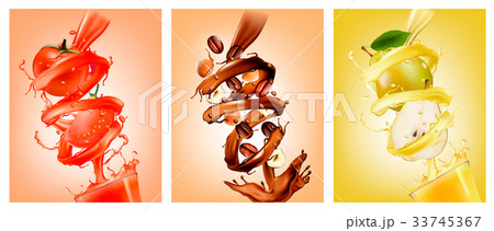 Set of fruit in juice splashes. Set of fruit in juice splashes. 33745367