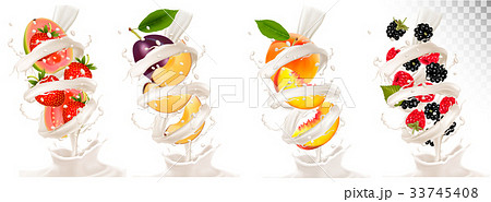 Big collection of fruit in a milk splash. Big collection of fruit in a milk splash. 33745408
