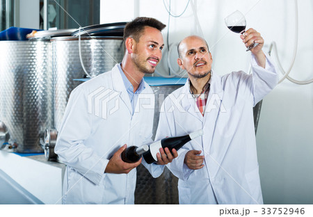 two men coworkers in white coats working in fermentation section 33752946