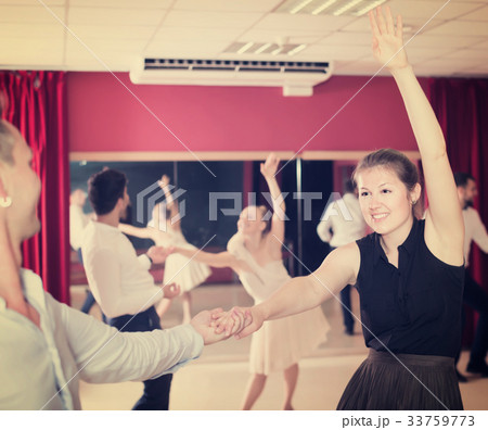 Joyful group people dancing lindy hop in pairs 33759773