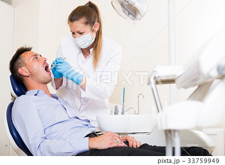 Stomatologist in uniform is taking visional inspection of a man on the chair 33759949